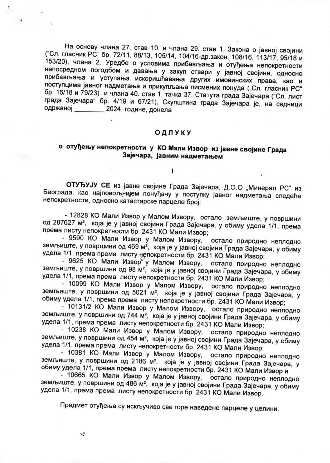 SGZ24-003 – Odluka o otudjenju nepokretnosti u KO Mali Izvor iz javne svojine Grada Zajecara javnim nadmetanjem