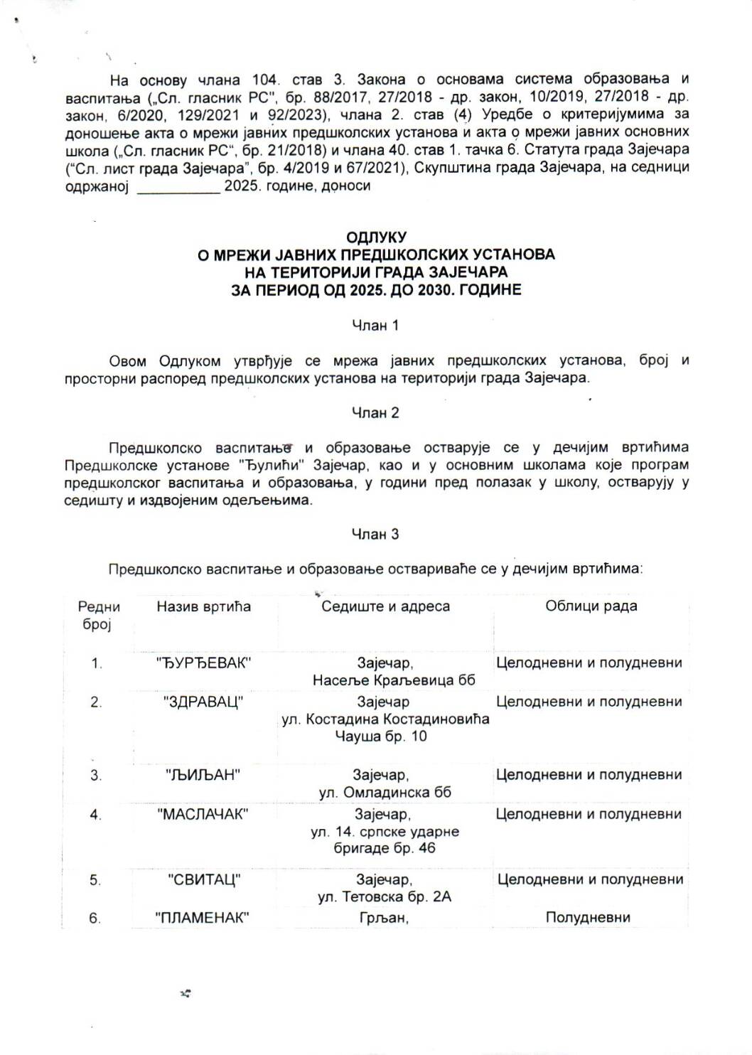 SGZ26-011 – Odluka o mrezi javnih predskolskih ustanova na teritoriji grada Zajecara za period od 2025.do 2030.godine