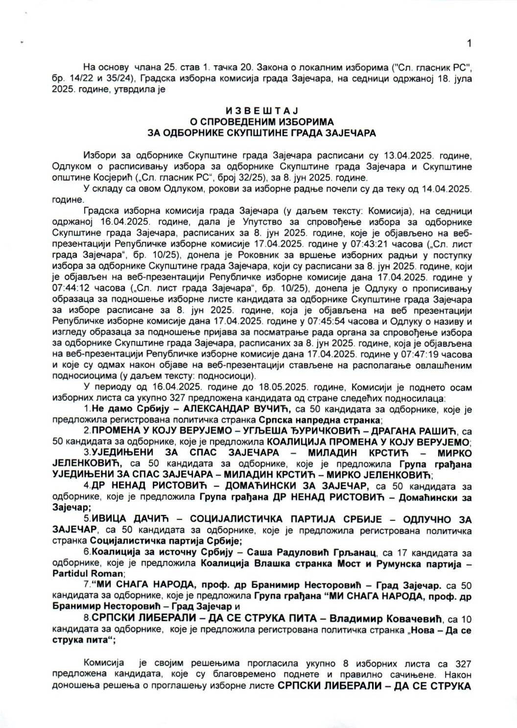 Izvestaj o sprovedenim izborima za odbornike SGZ