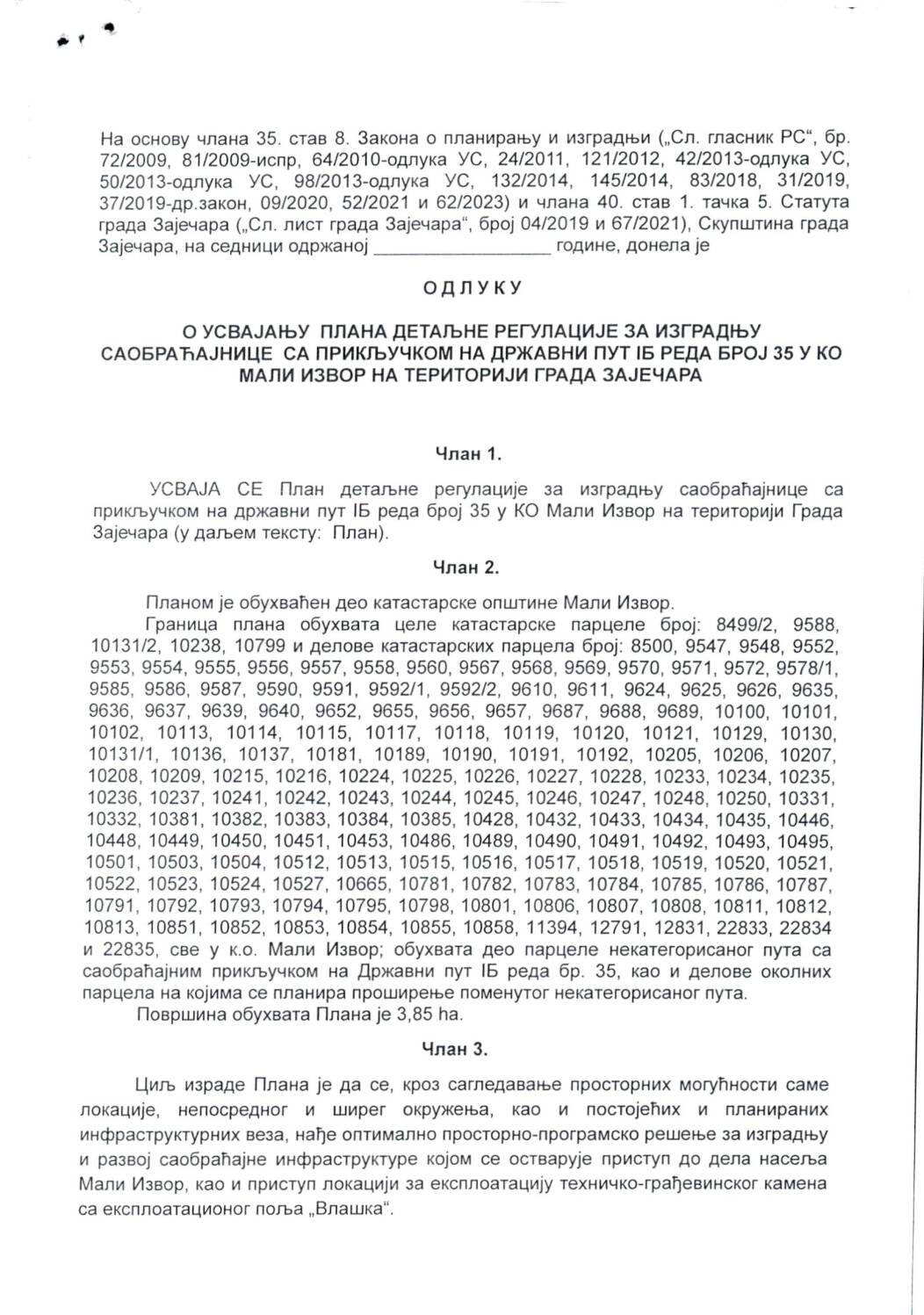 SGZ02-015 – Odluka o usvajanju PLana det reg za izgr saobr sa priklj na drz put IB reda br 35 KO Mali Izvor
